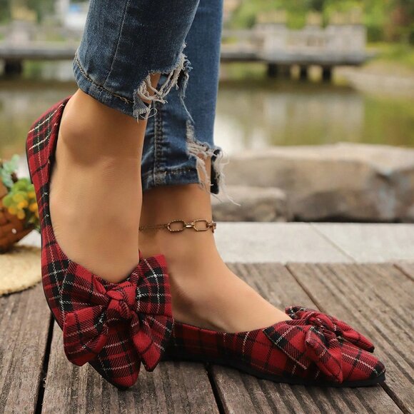 Red Casual Women's Flat Slip-On Shoes with Plaid Bow Floral Loafers - Picture 4 of 6
